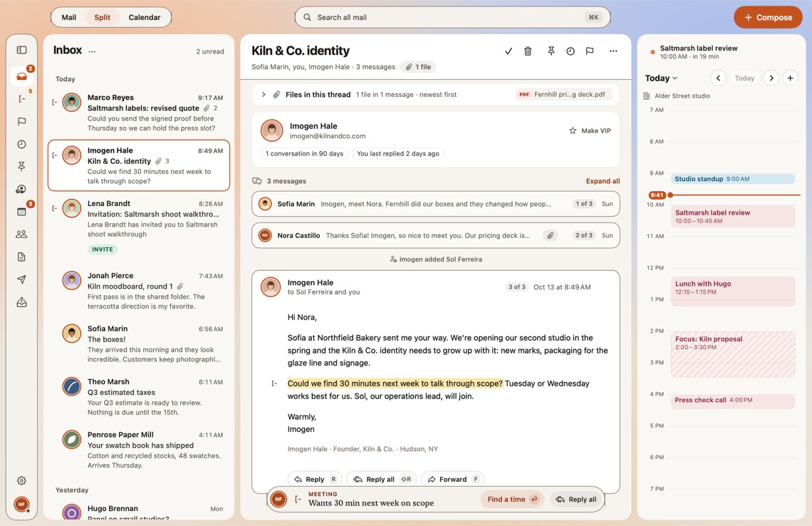 MarginMail on a Mac: the inbox, Imogen Hale’s message from Kiln & Co. with the asked sentence, “Could we find 30 minutes next week to talk through scope?”, highlighted, the reply bar note “Wants 30 min next week on scope”, and today’s calendar.