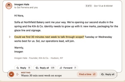 MarginMail on the Mac: Imogen Hale’s message with the asked sentence highlighted, and a note in the reply bar that reads “Wants 30 min next week on scope.”