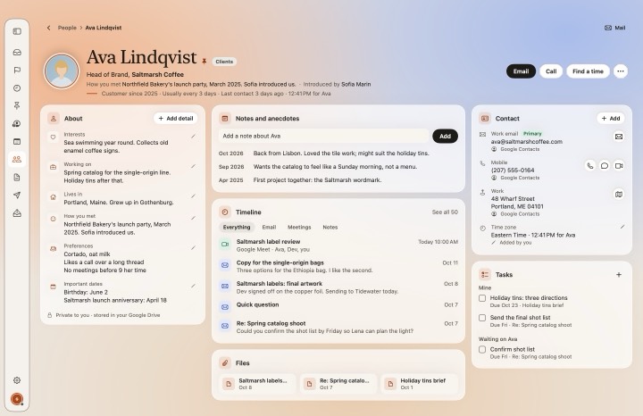 Ava Lindqvist’s person page in MarginMail: Head of Brand at Saltmarsh Coffee, her local time (12:41 PM), how you met, notes, a timeline of recent mail and meetings, and her tasks.